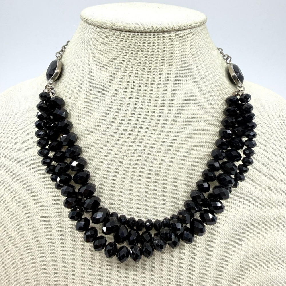 Multi-Strand Black Faceted Bead Statement Necklace Dramatic Evening Layered Gift